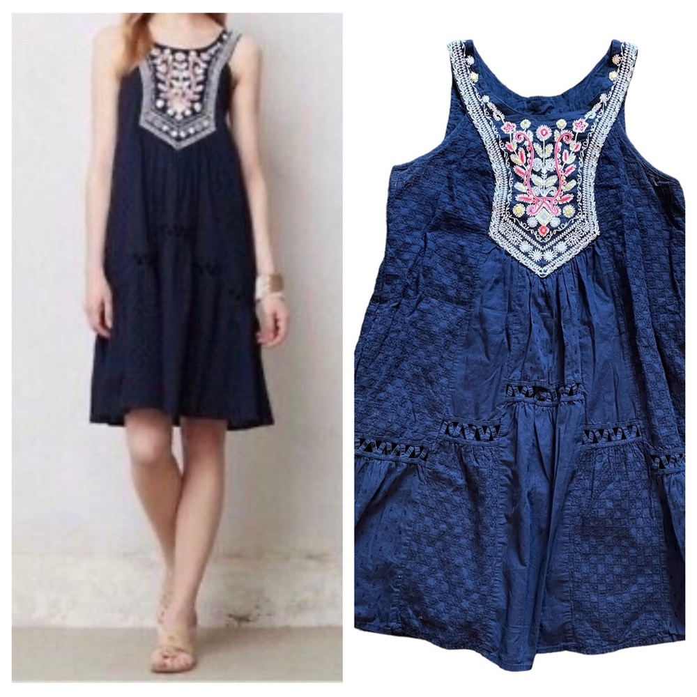 Anthropology Maeve Tisa Swing Flower & Mirror Embroidery Navy Blue Dress Size 4